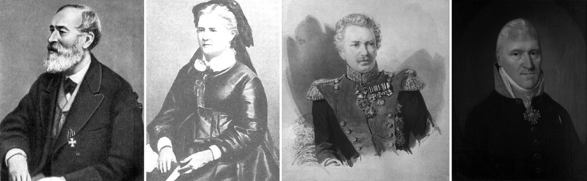 Семья Софьи Ковалевской слева-направо: отец В.В. Корвин-Круковский, мать Е.Ф. Шуберт, дед Ф.Ф. Шуберт, прадед Ф.И. Шуберт