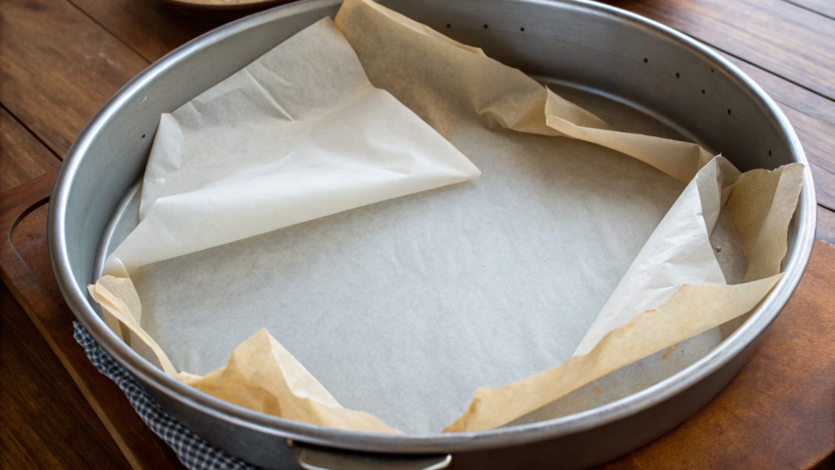 Круглая металлическая форма для выпечки. В нее пытаются уложить лист "свежего", сухого пергамента.