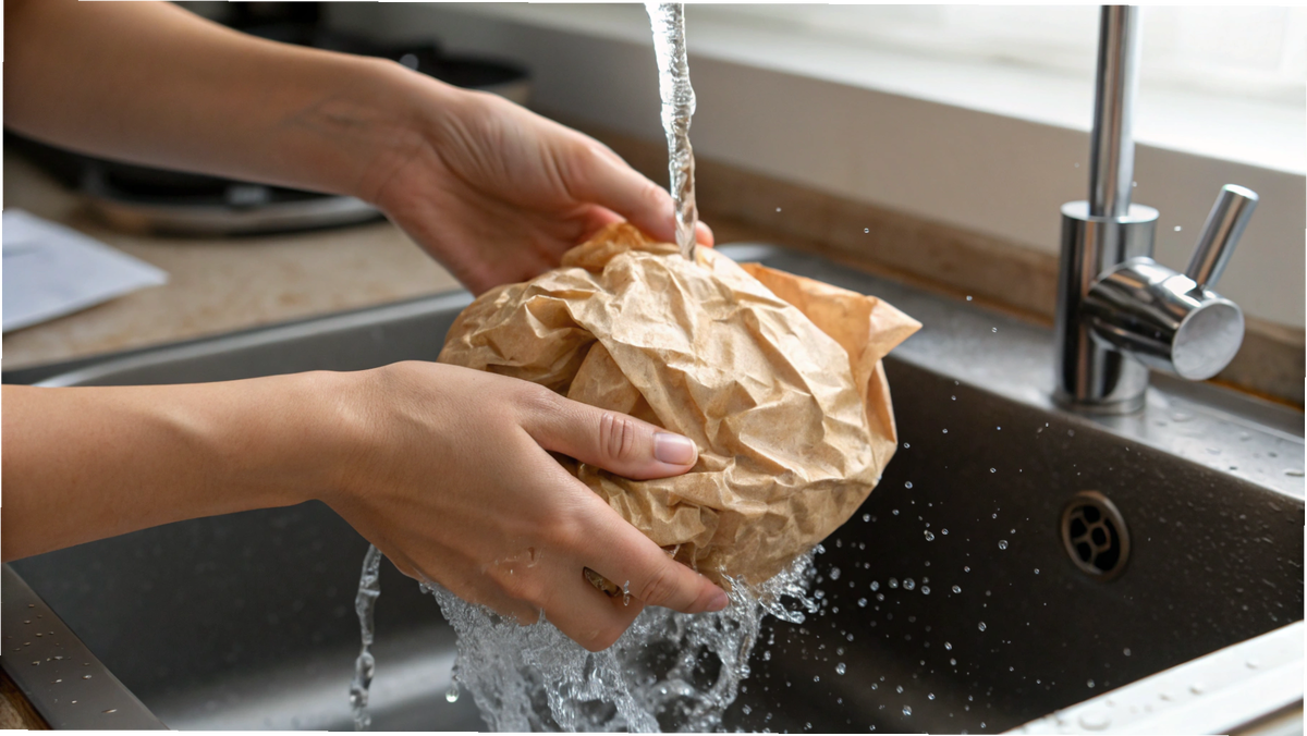 Руки  держат скомканный в шар лист пергамента прямо под струей воды