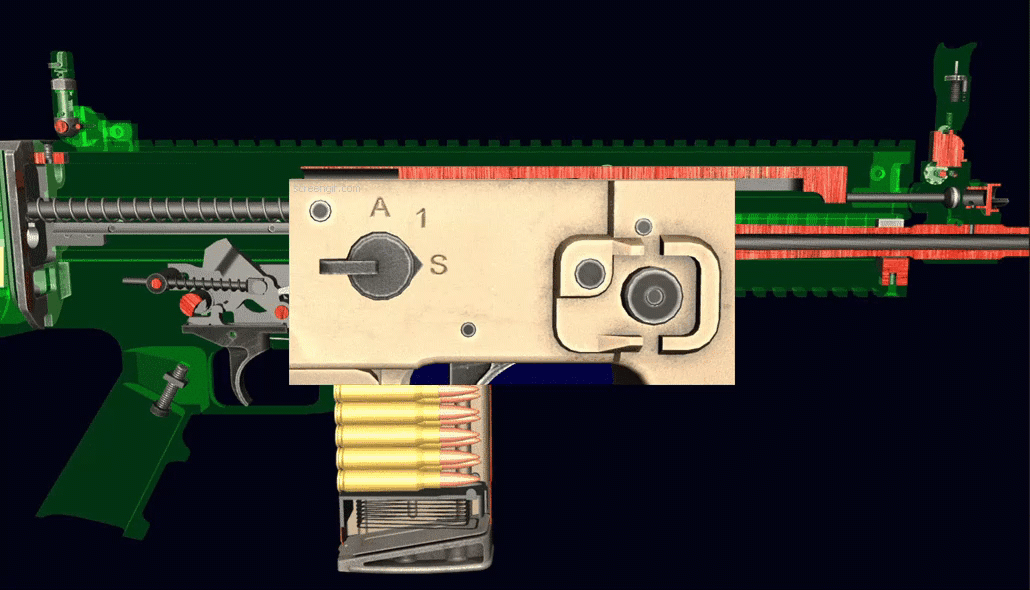 Работа частей и механизмов при одиночной и автоматической стрельбе, замена магазина и сброс с затворной задержки (World of Guns Gun Disassembly).
