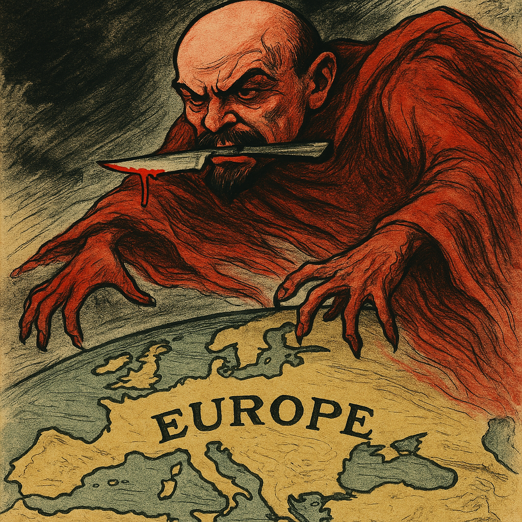 Восприятие Западом: карикатура 1920-х годов, где большевизм изображен как смертельная угроза цивилизации. Идеологическая война началась с формирования именно такого образа врага.
