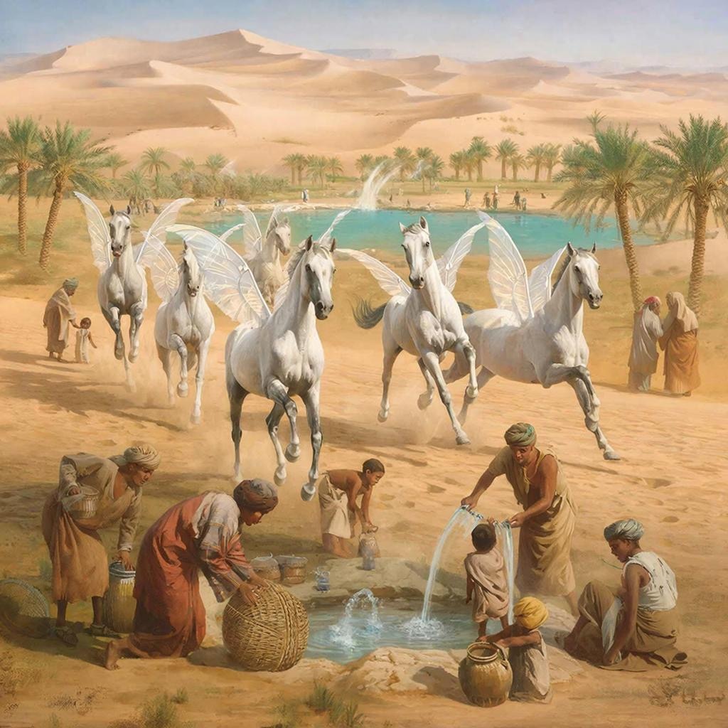 Первый народ обживает территорию пустыни вместе с верными товарщами белокрылыми лошадями /сгенерировано искусственным интеллектом/