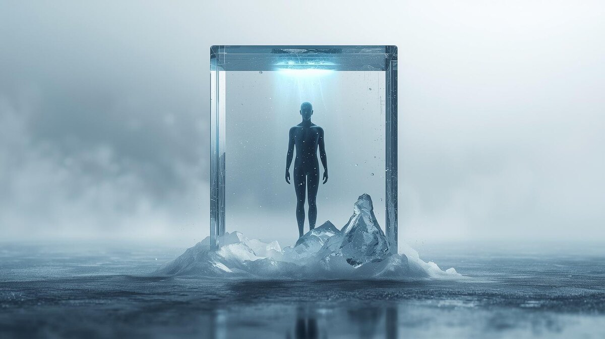 Футуристическая сцена: человеческий силуэт во льду, изнутри мягко светится голубым светом, вокруг пар и кристаллы инея, создающие ощущение замершего времени. Холодная научная эстетика, символ замороженной жизни и надежды на бессмертие.