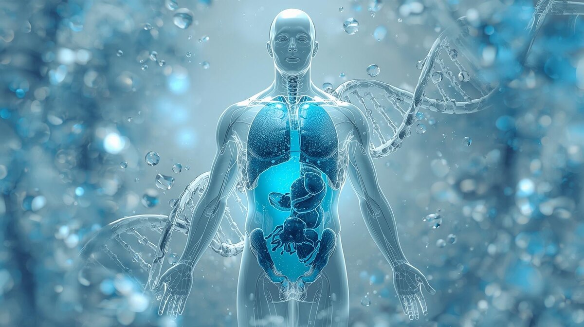 Иллюстрация прозрачного человеческого тела, заполненного голубым стеклоподобным веществом; вокруг молекулы и спирали ДНК, символ процесса витрификации и науки будущего.