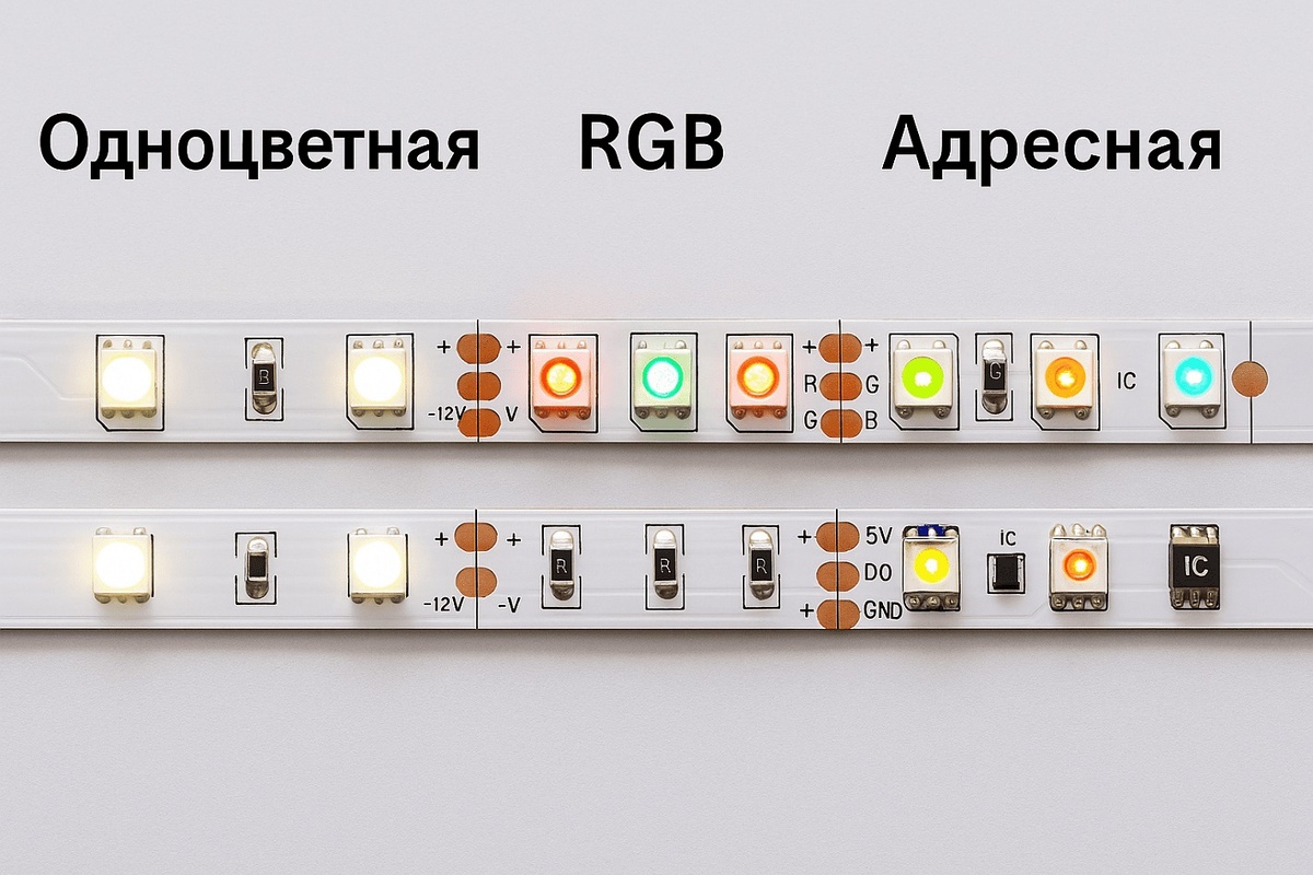 Сравнение типов светодиодных лент по цвету и яркости.