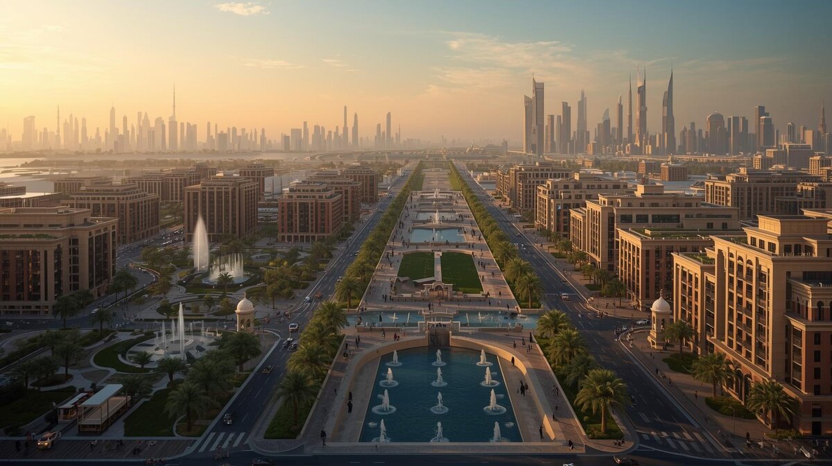 Современный облик Эр-Рияда: новые жилые и коммерческие районы столицы Саудовской Аравии в вечернем освещении. Городская архитектура отражает динамичное развитие и реализацию программы Vision 2030. 