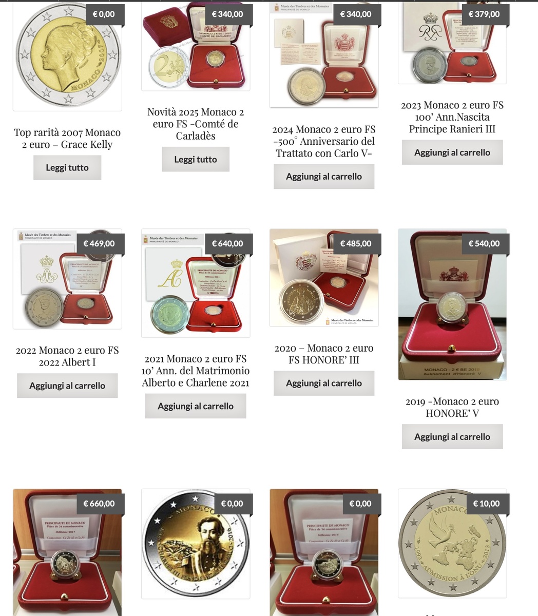 скриншот страницы сайта https://www.romanphil.com/categoria-prodotto/numismatica/euro/principato-di-monaco-euro/2-euro-commemorativi-monete-euro-principato-di-monaco/