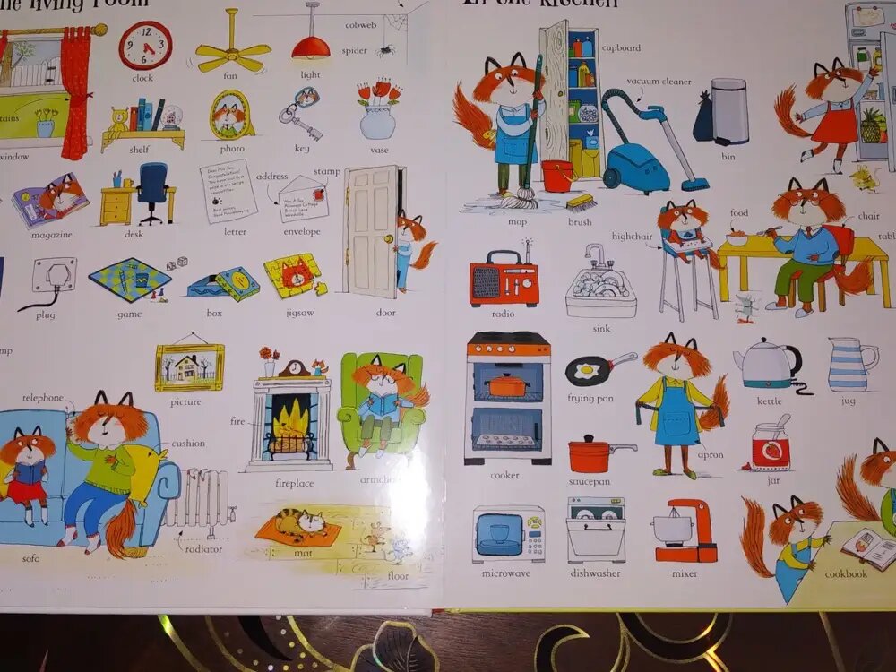 Разворот очень популярной книги, по сути словарь с картинками, но все слова здесь вне контекста. В руках человека, не владеющего методикой, книга бесполезна. 