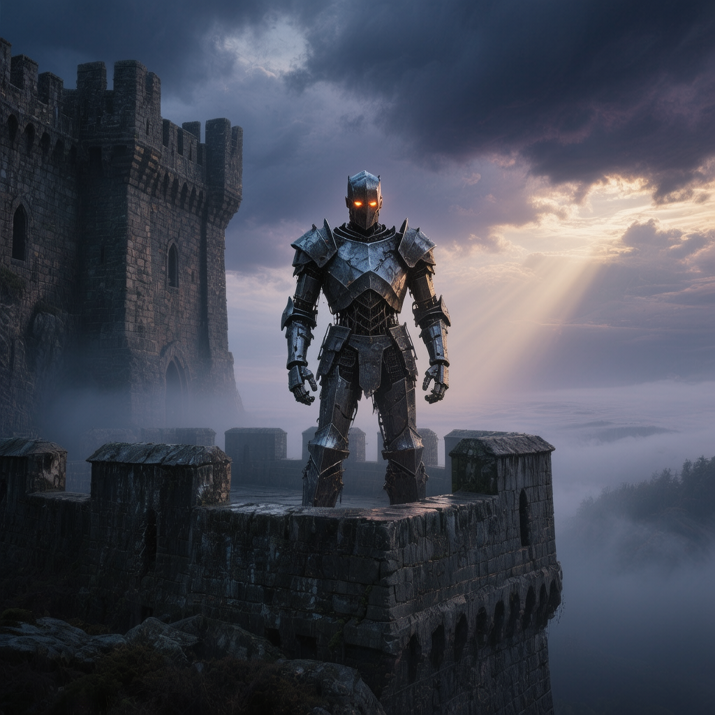 Одинокая крепость среди туманов, где сталь души противостоит бурям жизни.
