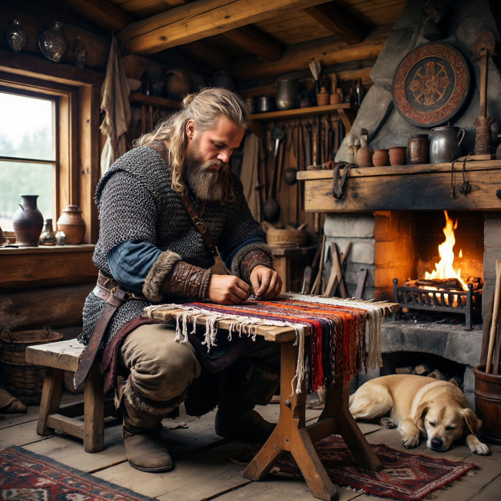 Серьезный викинг сосредоточенно ткет яркую ткань на станке.