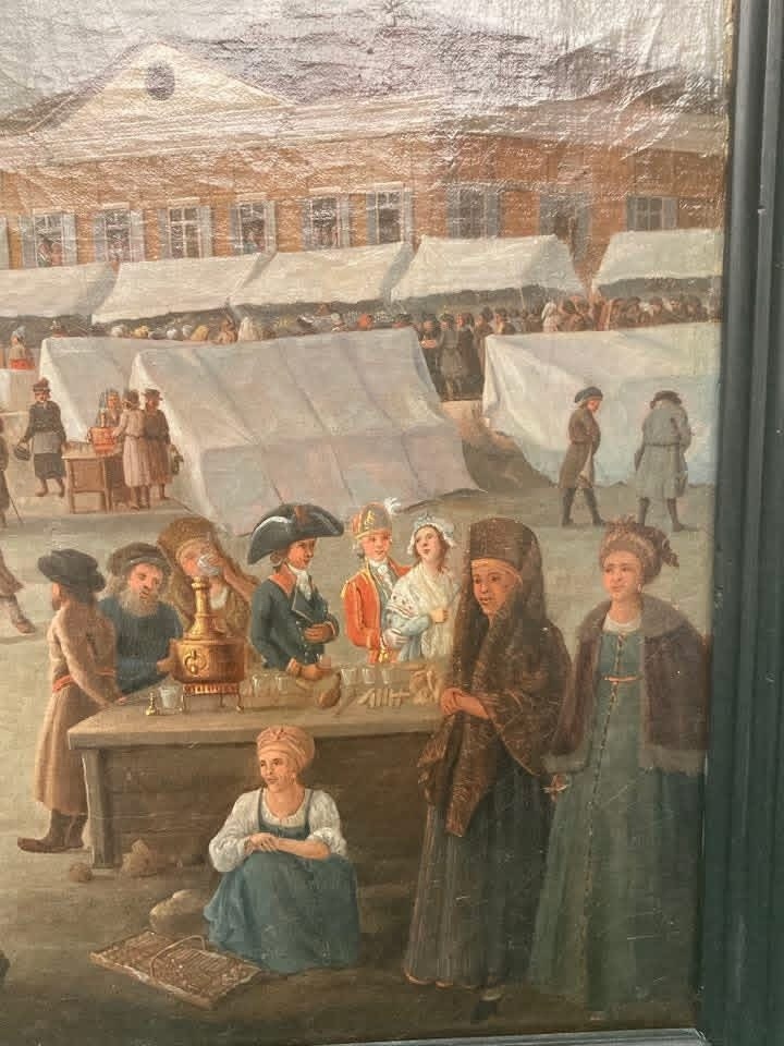 Уличная продажа сбитня. Фрагмент картины Делабарта «Подновинское предместье в Москве во время народного гулянья», 1795 год. Из собрания Государственного Русского музея