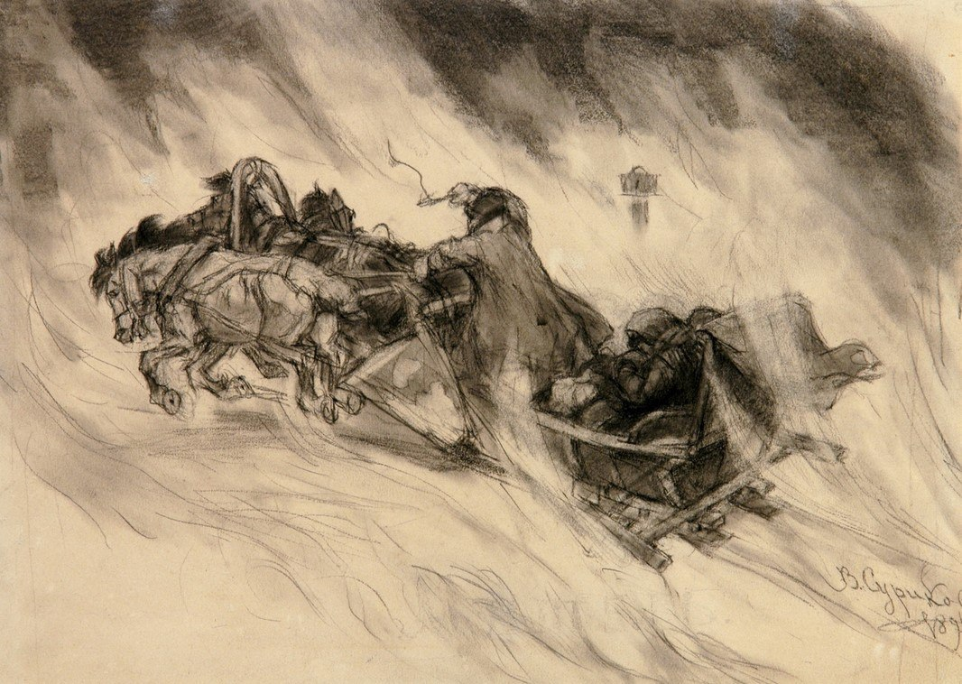 Иллюстрация Василия Сурикова к повести «Метель». 1898.