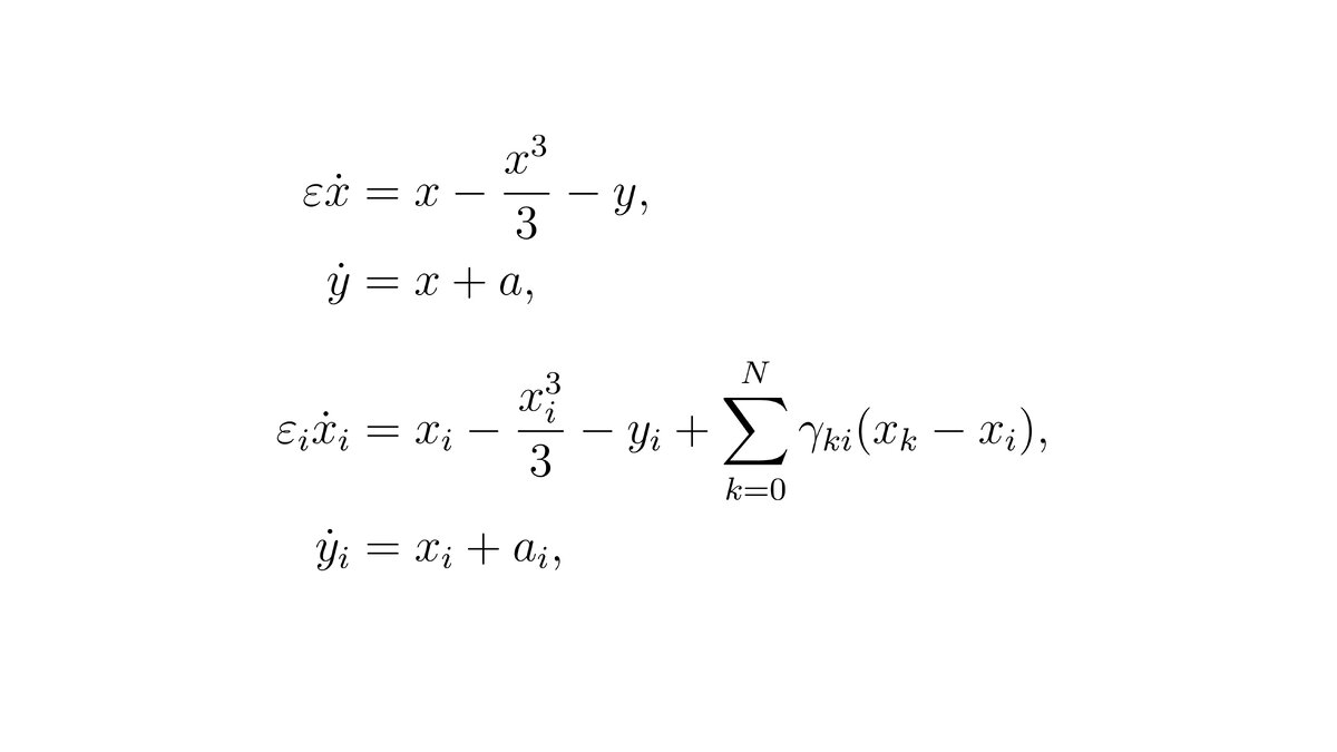 Модель нейрона ФитцХью-Нагумо (1 и 2 уравнения) и модель связанных нейронов ФитцХью-Нагумо (3 и 4 уравнения).