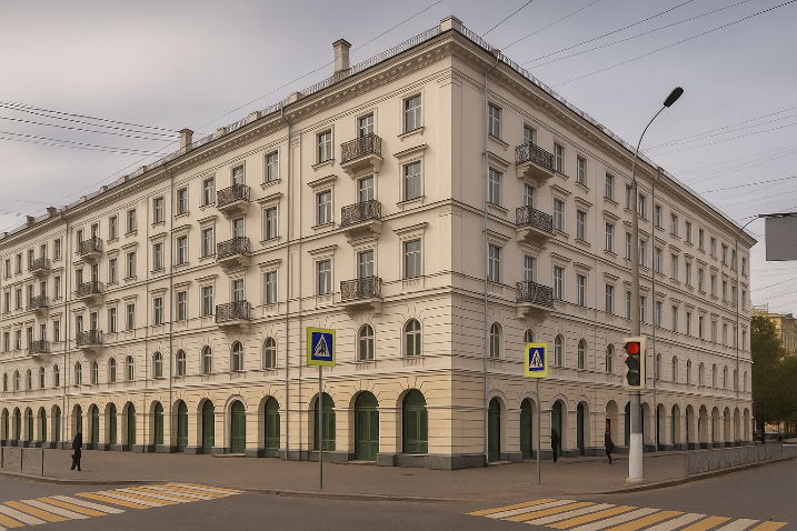 Пример реновации здания с применением одного их принципов «фасадизма» - имитация исторически архитектуры города г. Тверь, ул. Горького, 8 (иллюстрация подготовлена автором)