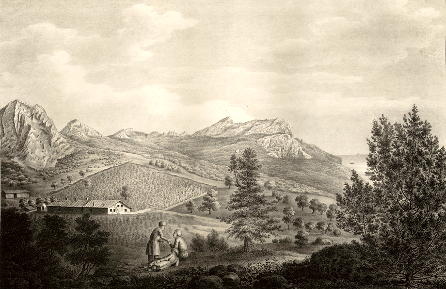 Гравюра Laspi Дюбуа де Монпере. Вид из-под стены Каланых-Кая