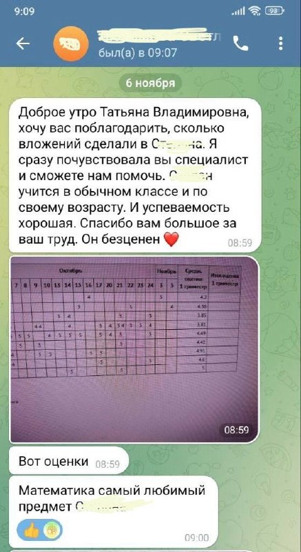 Это невероятно и огромное спасибо! Вы находите время, спустя годы, написать и рассказать об успехах ребенка ❤️

Это так важно для всех 💯

Отдельное спасибо 🙏, что помните обо мне(специалисте) и пишите теплые слова ☺️

Вдохновляет на подвиги 🥰 и очень, очень приятно ☺️. 

Благодаря Вам есть возможность понимать, что работа была сделана долгосрочная, с учетом перспектив и все правильно сделано ✅. Что диагностика тоже сделана правильно ✅ 

Спасибо 

А история такая…
Мальчик пришел в дошкольном возрасте с задачами по речи, поведению. Многие специалисты говорили, что интеллект страдает, школа будет коррекционная и что работать трудно и в чем то невозможно. 

Парень пришел хороший, умный, подвижный, очень подвижный))), были задачи по речи. Втянулся в занятия, стал послушным и многие задачи решили. 
Хорошо, что качество жизни изменилось, мама успокоилась и появилась возможность радоваться успехам сына и много поводов для гордости. Еще во время занятий в жизни мальчика появился футбол (вроде правильно помню, уточню), который ему очень нравился, но возможности заниматься не было (из-за нерешенных наших задач)
❤️❤️❤️❤️