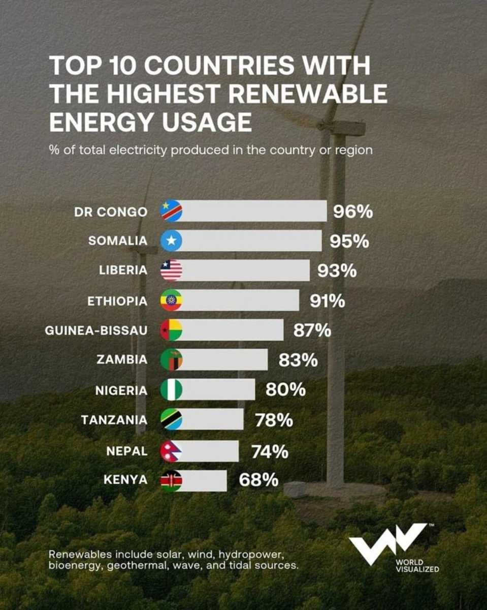    Топ-10 стран с самым высоким уровнем использования возобновляемых источников энергии / © World Visualized