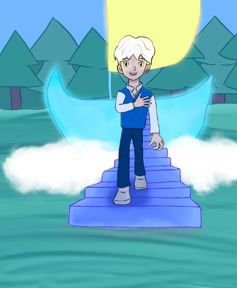 Принц Счастья спускается по лестнице с летучего неонового корабля. Рисунок моего сына.