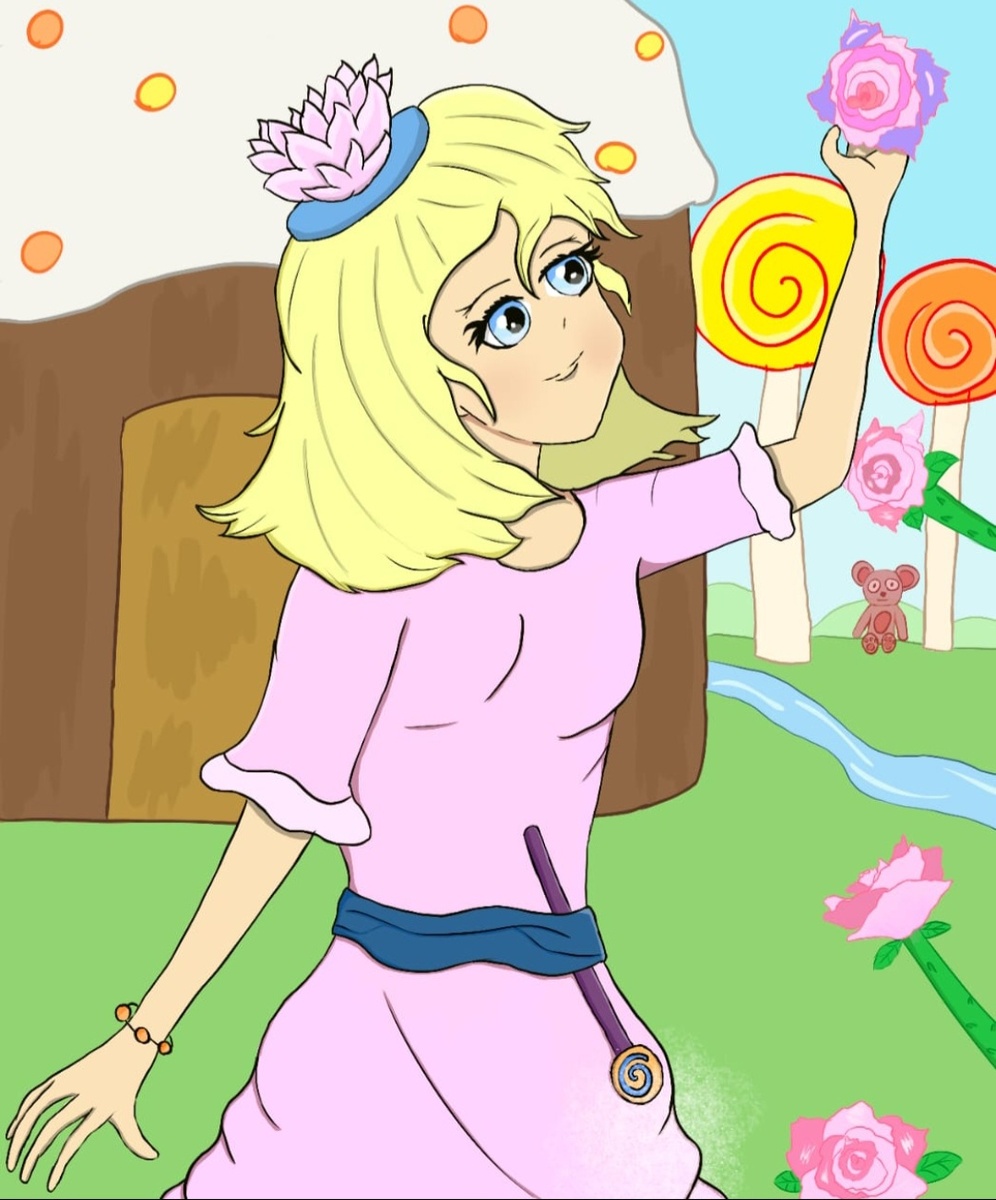 Фея Лилиана с леденцовыми розами около пряничного домика. Рисунок моего сына Николая