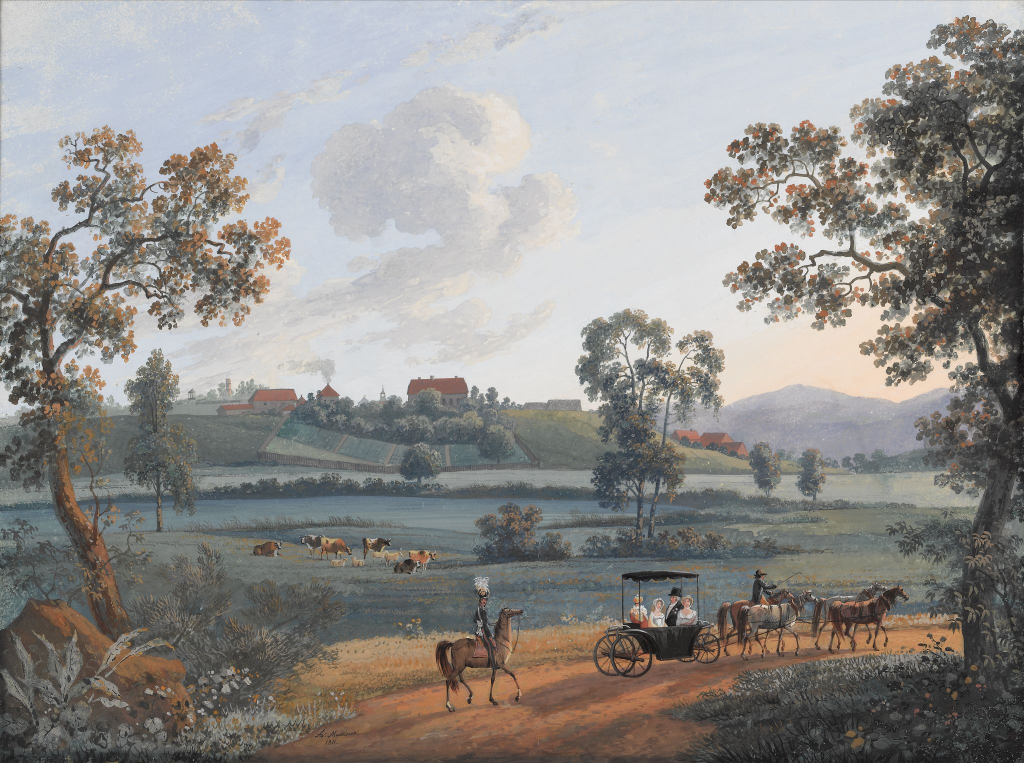 Сельский пейзаж. 1811 г. Литография, раскрашенная акварелью. 
Художник Андрей Ефимович Мартынов (1768—1826). Третьяковская галерея