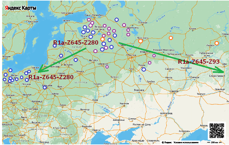 Рис.1. Фиолетовые кружки – реки, синие – озера, корень колп- (Клпинка, Колпин, Колпь). Оранжевые кружки – реки с корнем колб-.