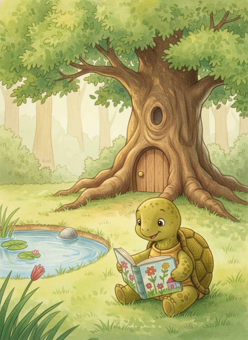 Иллюстрация к сказке "Черепаха и волшебный альбом: первый шаг к мечтам" создана при помощи ИИ.