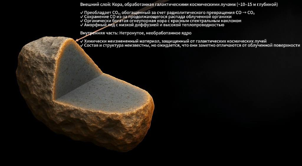 Строение кометы 3I/ATLAS: органическая броня из аморфного льда скрывает древнее вещество возрастом более миллиарда лет