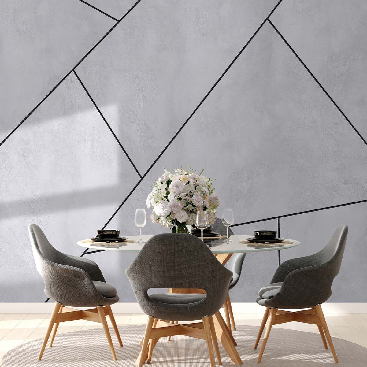 Интерьер обеденной зоны кухни с оформлением стены светло-серыми флизелиновыми фотообоями VEROL. Артикул на WB: 496327918.