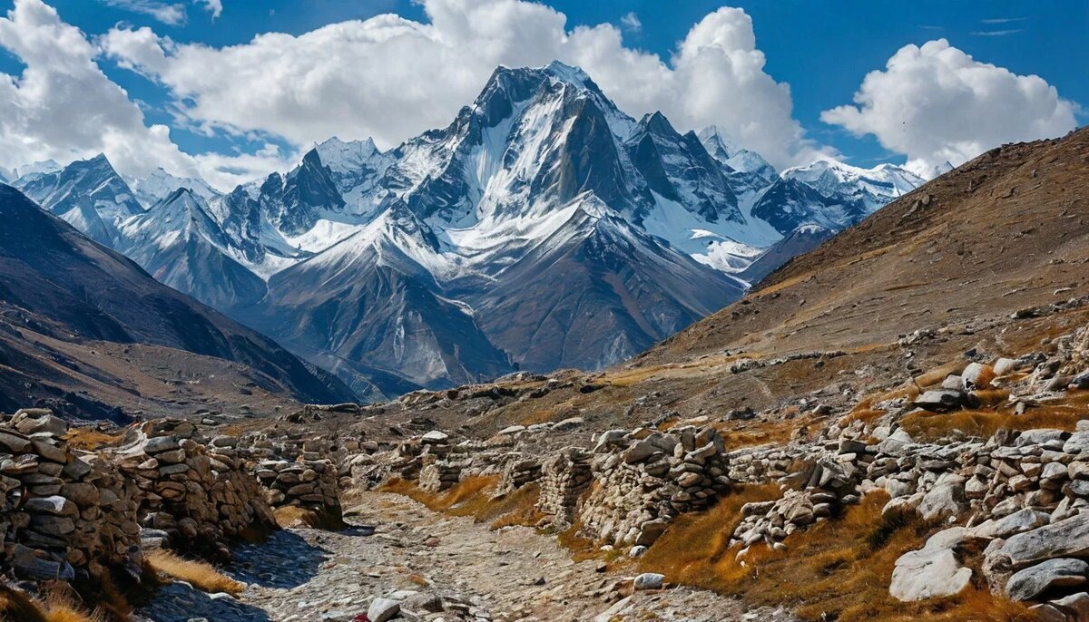Серебристые фестоны ледников стекают с пирамидальных вершин Каракорума, контрастируя с глубокими синими тенями и плывущими кучевыми облаками.