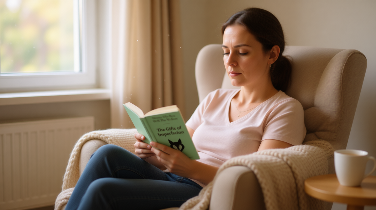  Женщина, уютно устроившаяся в большом мягком кресле у окна за чтением книги по психологии.