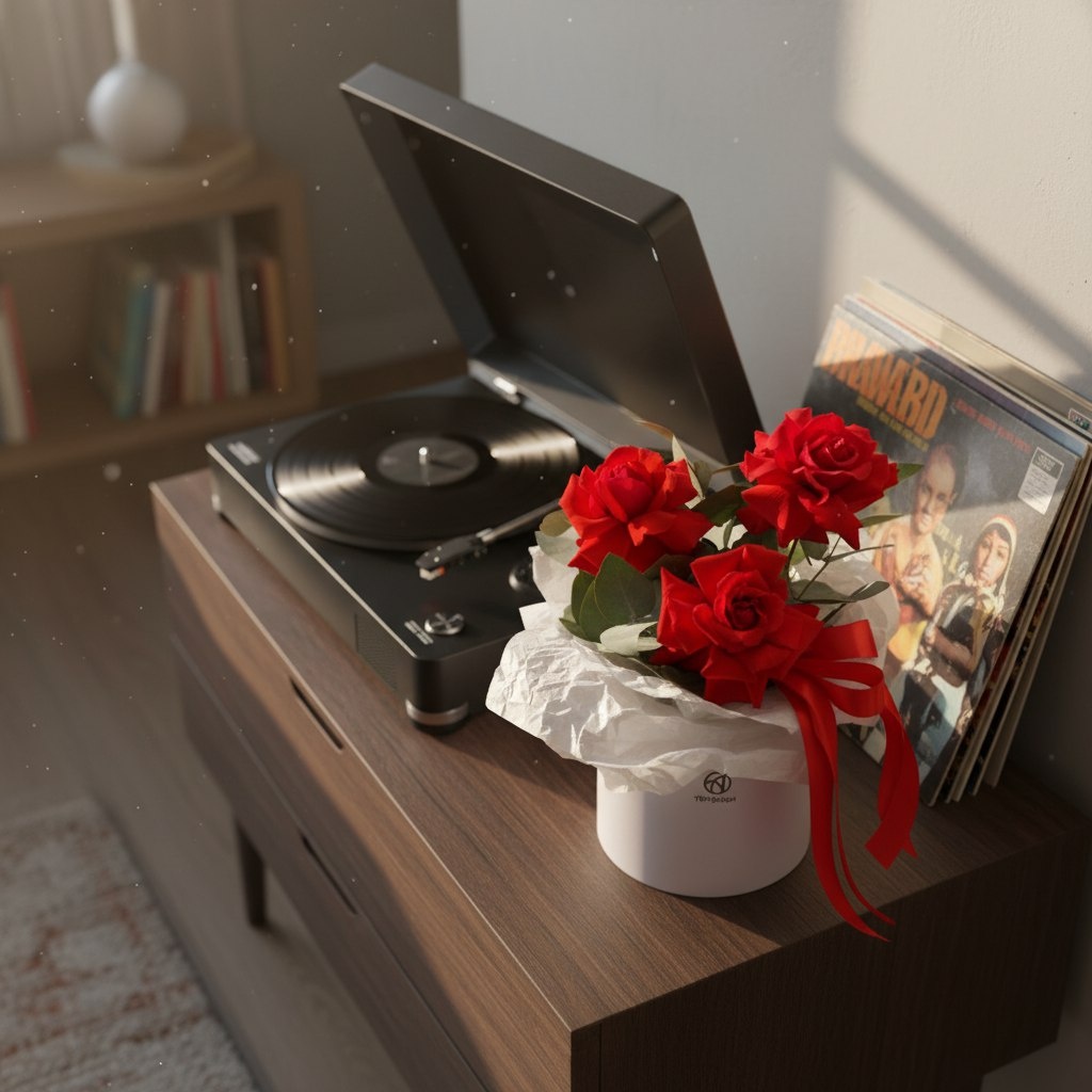 Шляпная коробка с алыми французскими розами - M