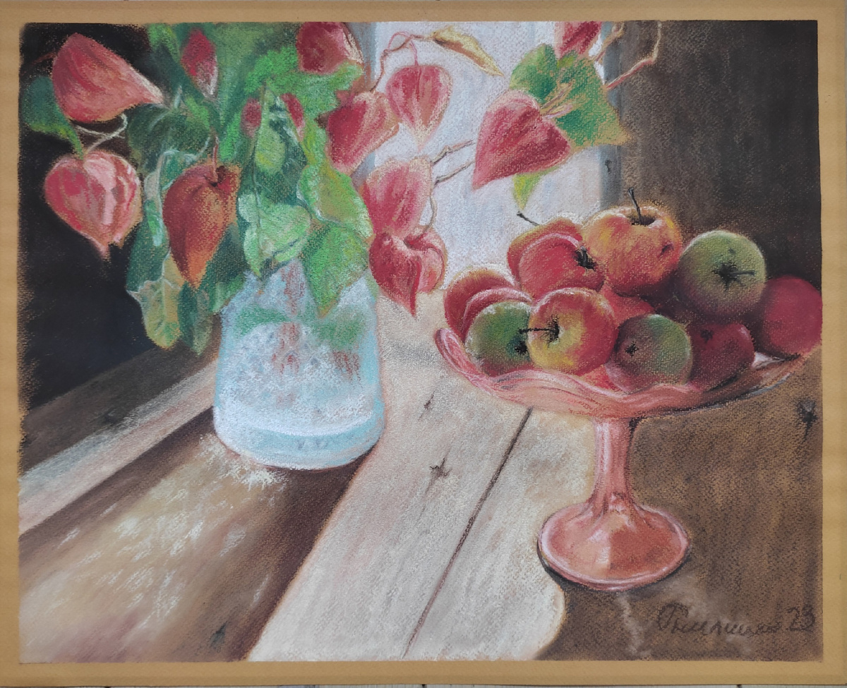 На даче, 2023 г., материалы: тонированная бумага, сухая пастель, размер: 40 х 50 см. Источник: https://artsreda.ru/