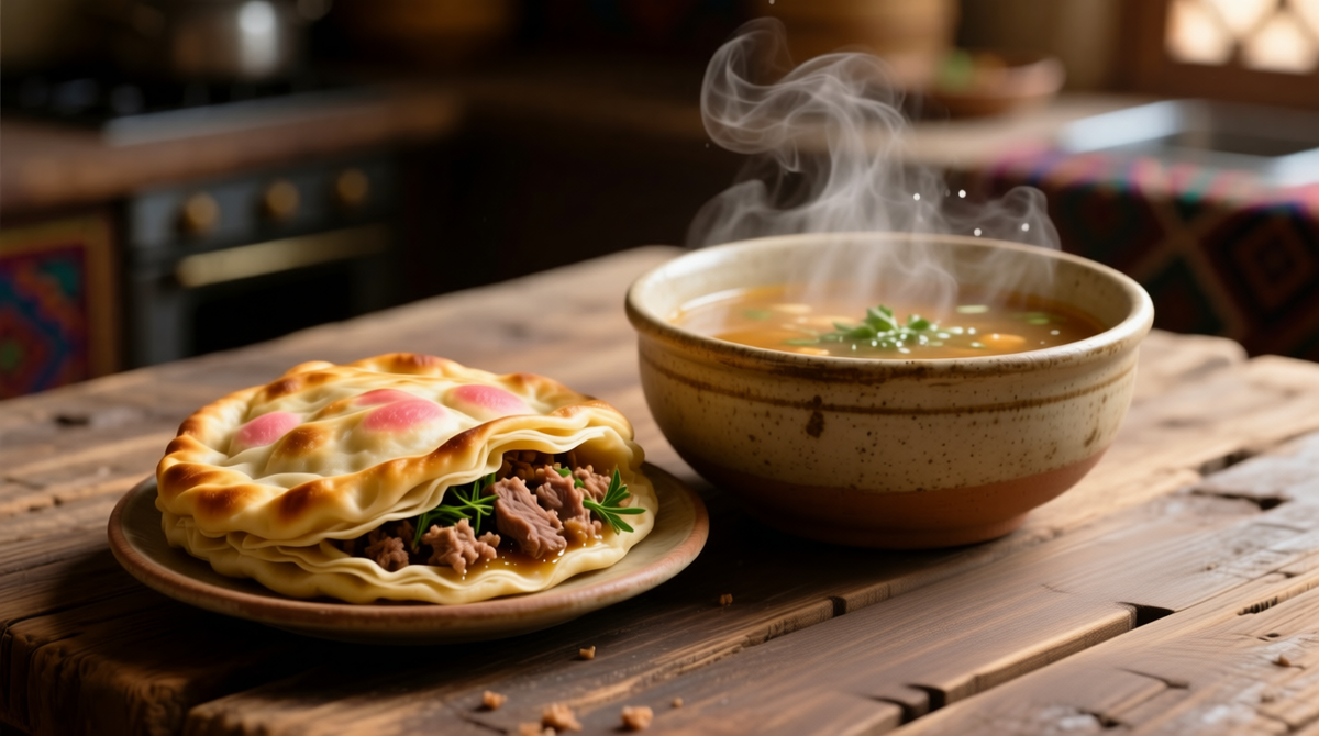 Румяный эчпочмак рядом с пиалой горячего бульона