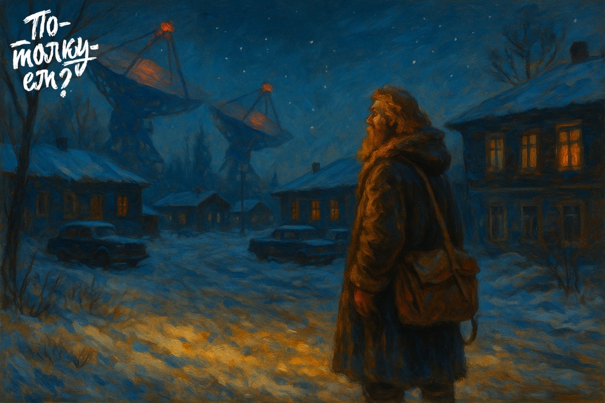 Сварог стоит в зимнем дворе, видны радиотелескопы и окна