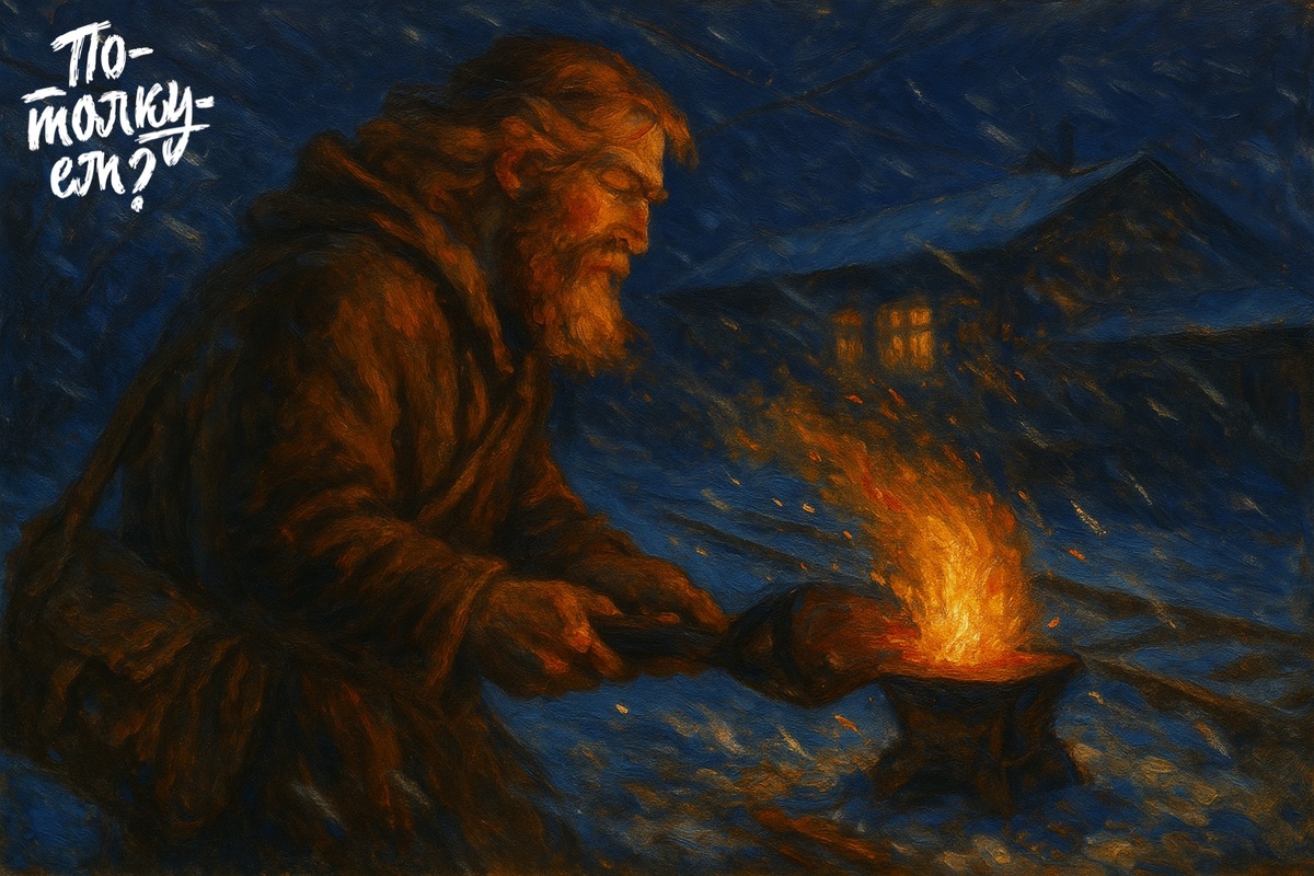 Сварог раздувает переносной горн на зимней заводской площадке