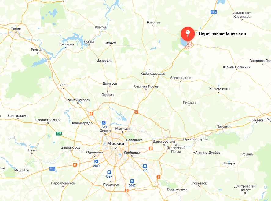 Карта расположения Переславля-Залесского по отношению к Москве