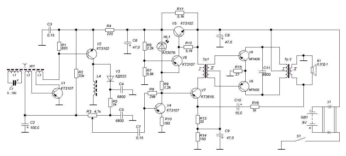 Новая схема приемника переработанная. 07. 1995 год.