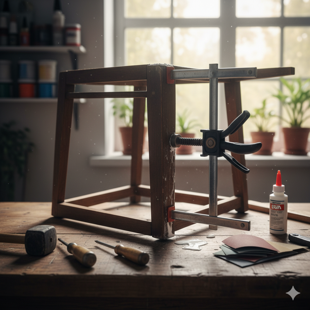 Деревянный стул в разобранном виде, рядом инструменты для склейки: клей, струбцины.