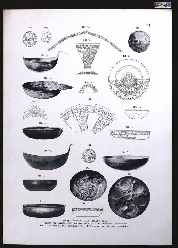 Лист. Восточное серебро: Атлас древней серебряной и золотой посуды восточного происхождения, найденной преимущественно в пределах Российской империи. Лист 108. [Древняя посуда]. Ранее 1889 г. С Северного Кавказа; 1896. Из курганов близ ст. Белореченской, Кубанской обл.; 1901. Близ г. Ялты, Таврической губ.; Из кургана у Махческа, Кубанской обл. / Государственный исторический музей
