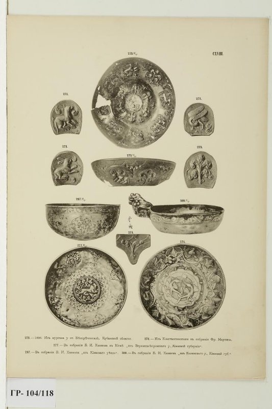 Фототипия. Таб.118 "Из кургана у ст.Белореченской Кубанской обл.,1896. Из Константинополя в собрании Фр.Мартина.В собрании Б.И.Ханенка в Киеве "из Верхнеднепровского у Киевской губернии". В собрании Б.И.Ханенка"из Киевского уезда". В собрании Б.И.Ханенка"из Каневского у.Киевской губ." / Московский государственный объединенный художественный историко-архитектурный и природно-ландшафтный музей-заповедник
