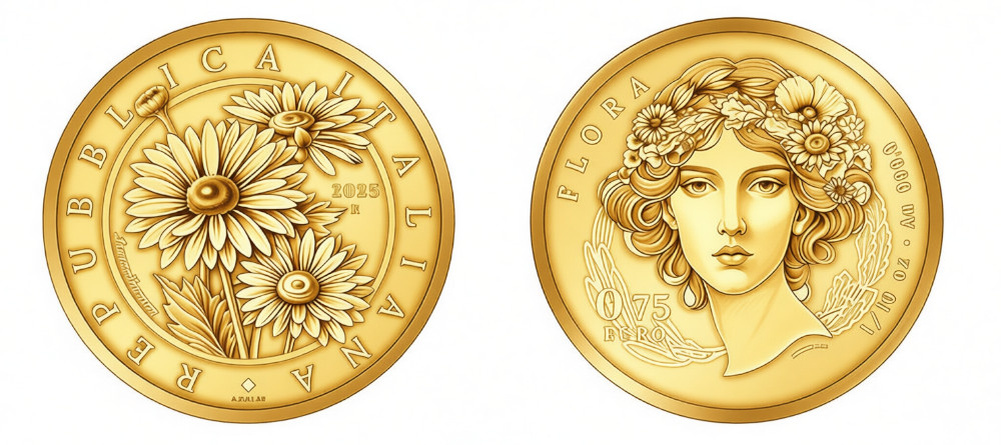   Золотая монета Италия Флора Маргаритка 2025 аверс реверс