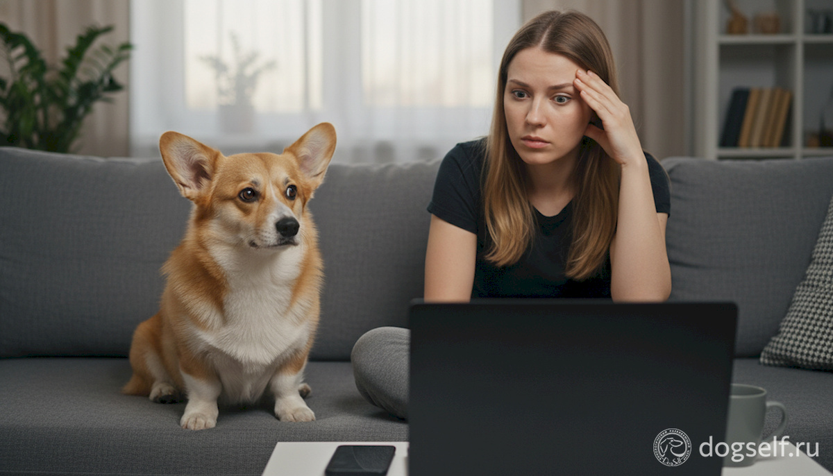 Хозяйка собаки в состоянии хронического стресса (руминация после работы), а её пёс-корги рядом «зеркалит» эту тревожность | Научный факт: психология собаки такова, что кортизол (гормон стресса) хозяина передается собаке, что и запускает «петлю вины» и проблемы поведения | Изображение: DogSelf