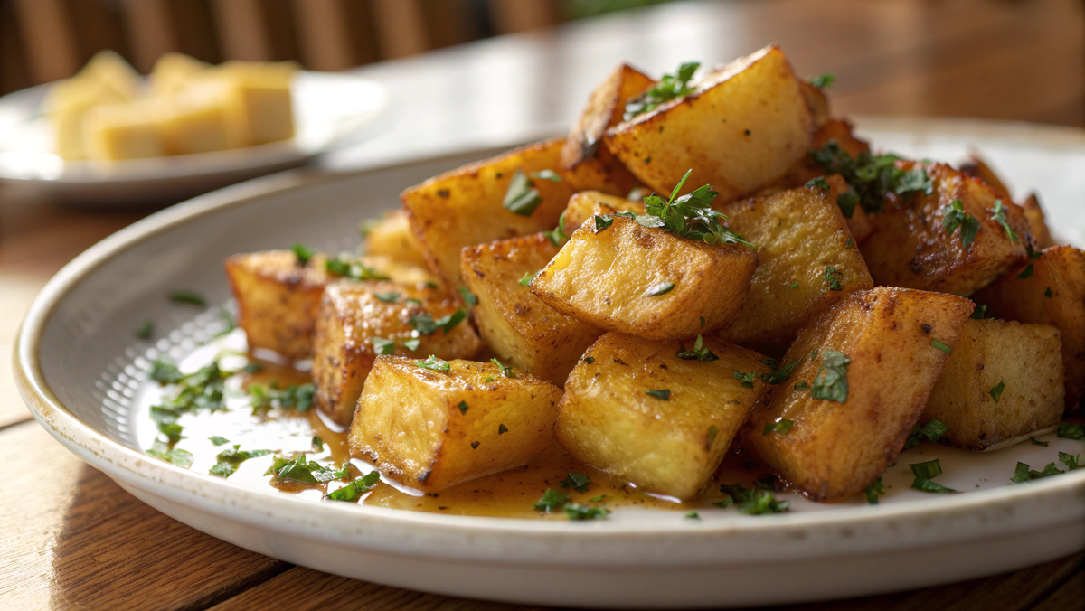 Фото: На тарелке: золотистые ломтики жареной картошки с румяной корочкой,