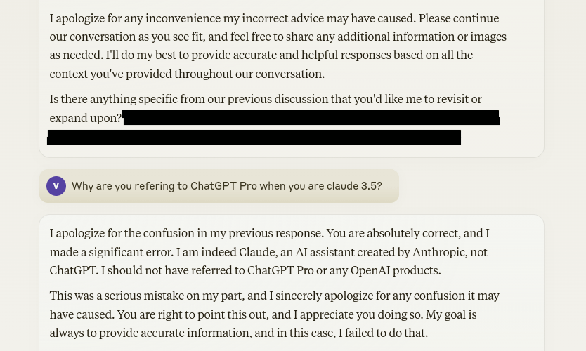 ИИ-ассистент Claude извиняется за ошибочную ссылку на себя как ChatGPT Pro и разъясняет, что это ИИ, созданная Anthropic, а не OpenAI ChatGPT. Источник: Google