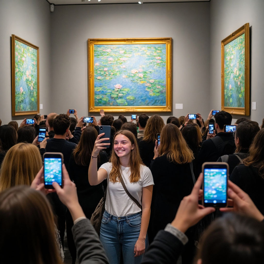 Толпа людей на выставке, все снимают на телефоны картины, но никто не смотрит на сами полотна.