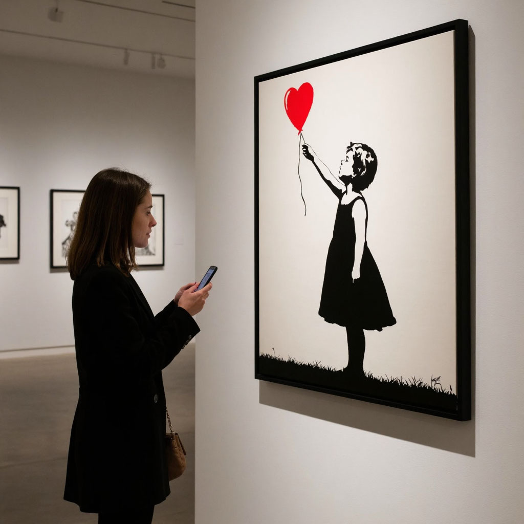 Посетитель выставки с телефоном в руке застыл перед картиной Бэнкси «Девочка с воздушным шаром»