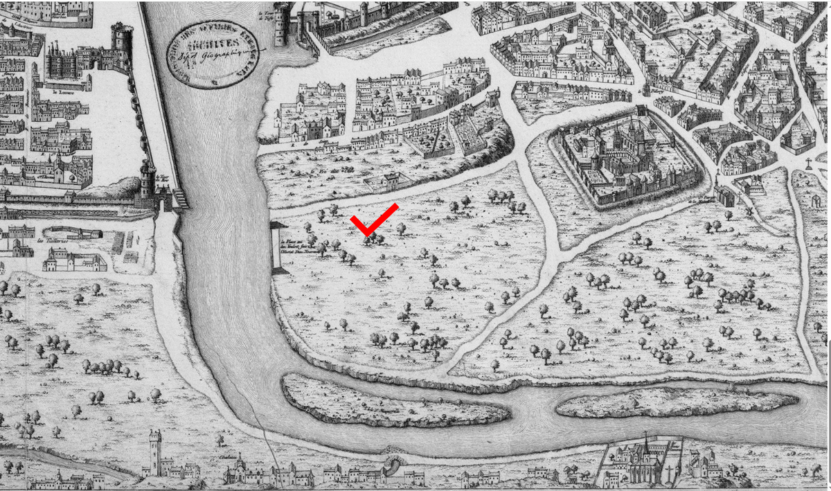 Plan de Saint-Victor, ок.1530 Вот Пре-о-Клер  с галочкой, аббатство- правее