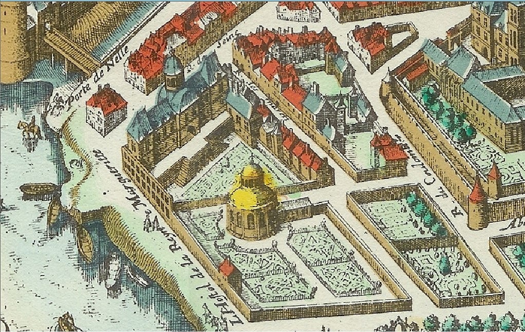 Карта 1615 г. Часовня - с золотым куполом, а дворец стоит перпендекулярно Сене, такой, с серой крышей.