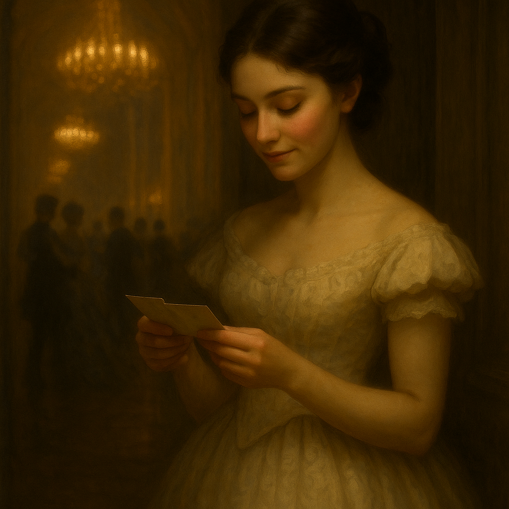 Секретное послание доставлено: барышня читает записку от кавалера в уединенной коридоре дворца. Такие записки были ценнее сотни современных сообщений.

