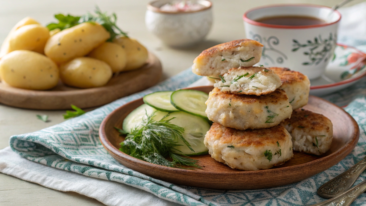 Фото: Аппетитные рыбные котлеты. Гарнир: отварной молодой картофель, свежий салат из огурцов, зелень.